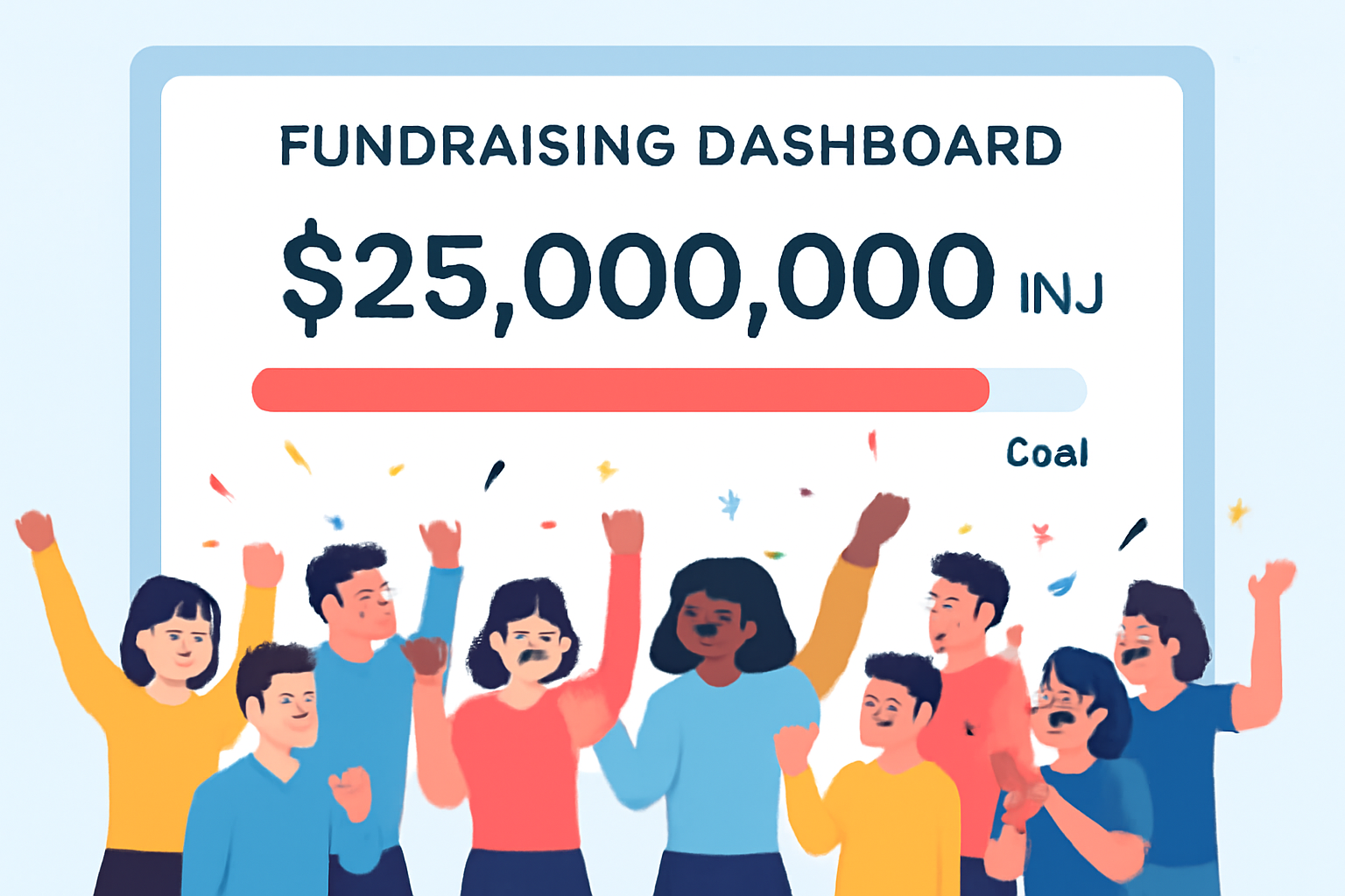 A digital fundraising dashboard showing $25 million in INJ tokens raised, with a crowd of digital avatars celebrating and a progress bar exceeding its goal.