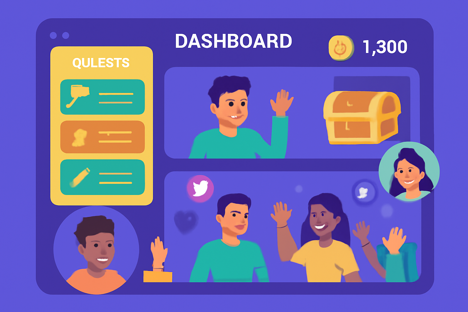 A vibrant digital dashboard showing 3D avatars, quest icons, Shuri coins, and loot boxes, with fans interacting in a virtual space.