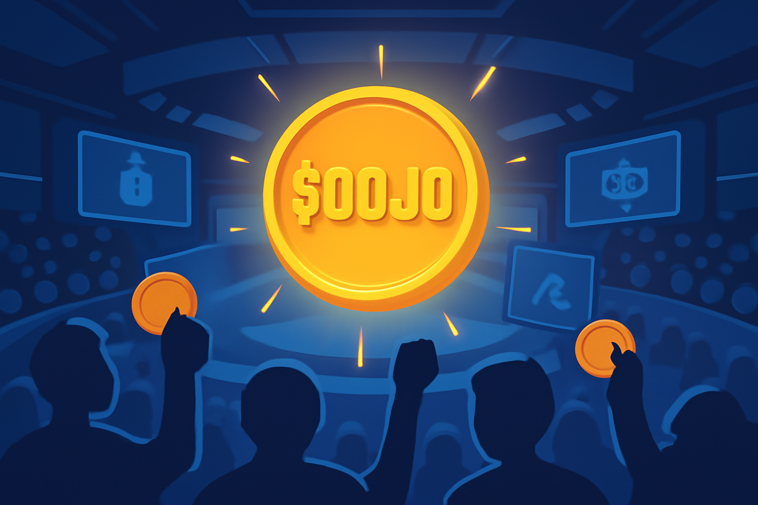 A digital collectible coin labeled '$DOJO' glowing in a futuristic esports arena, with fans holding tokens and digital screens displaying exclusive content.
