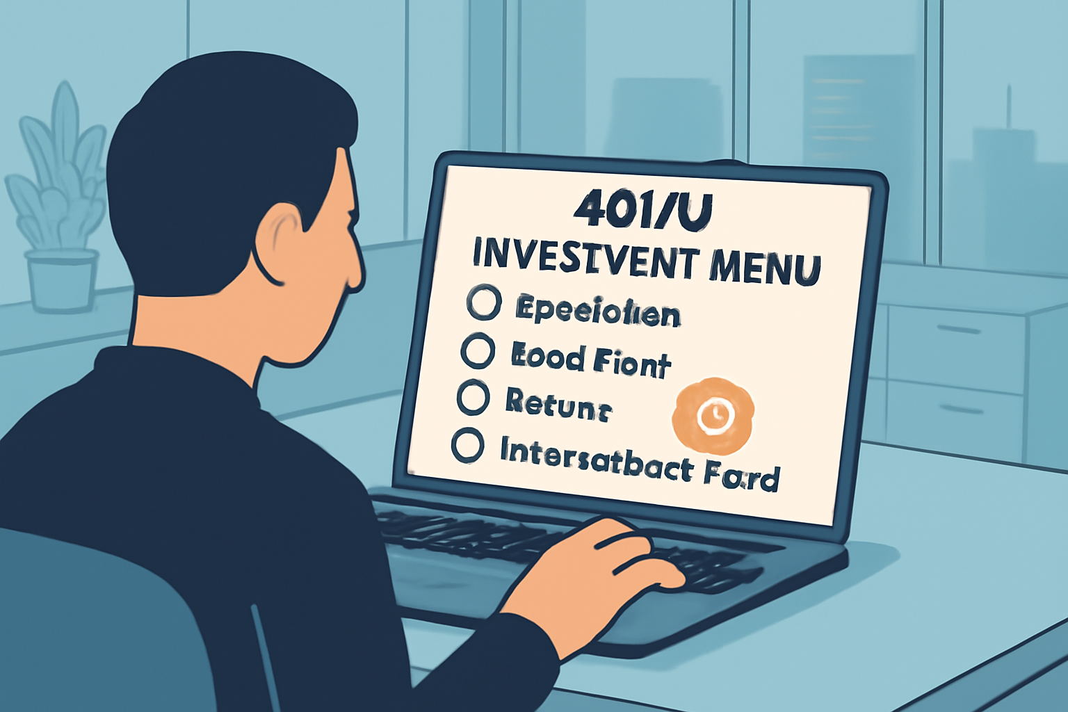 A person reviewing a 401(k) investment menu on a laptop, with a Bitcoin logo highlighted among traditional assets, modern office setting