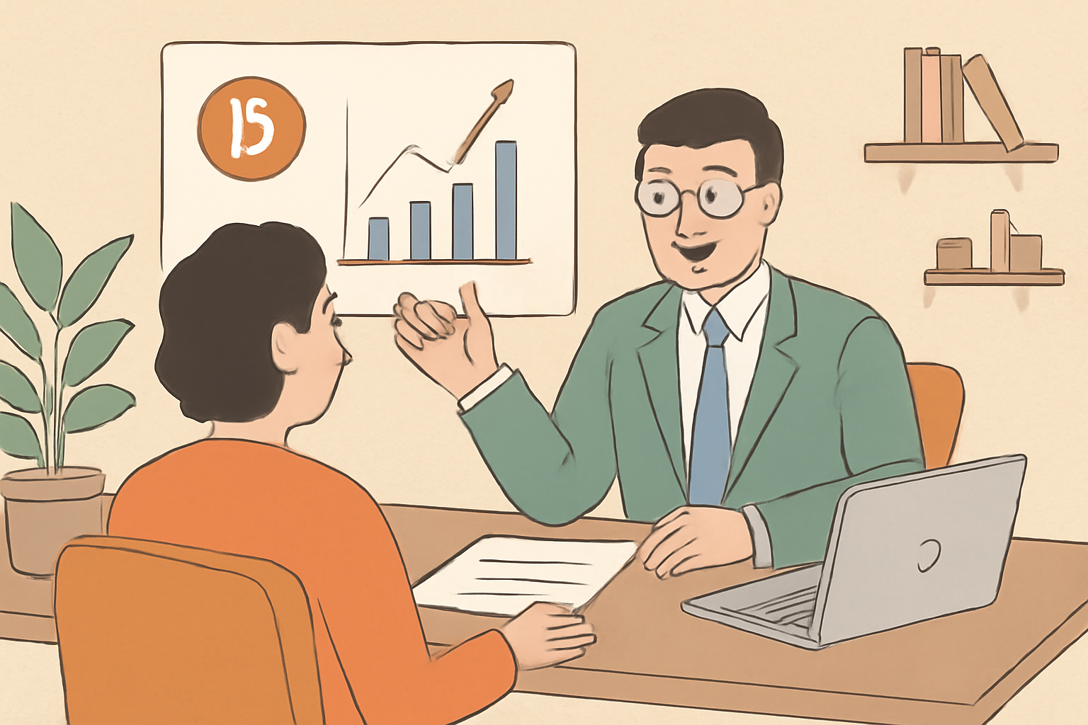 A friendly financial advisor discussing charts with a client, Bitcoin and dollar symbols visible, cozy office environment