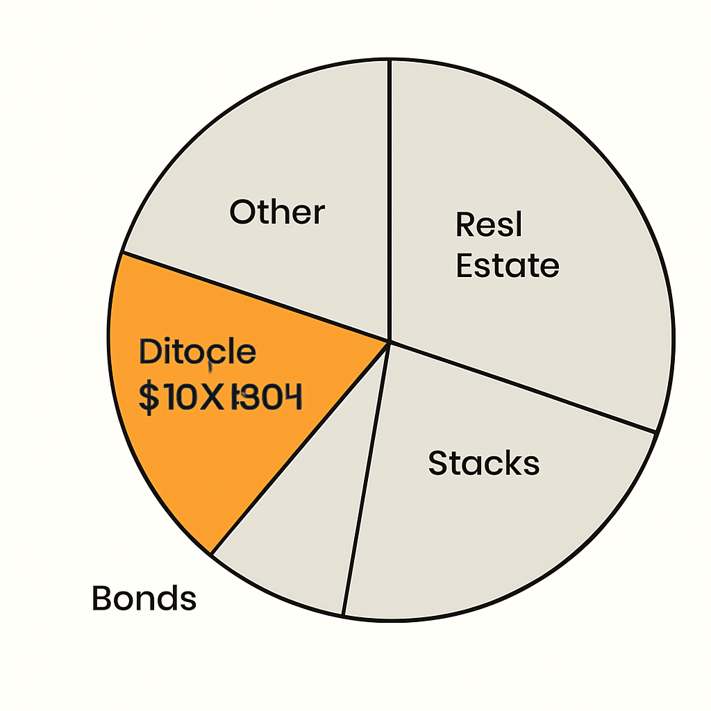 A pie chart showing a small slice labeled 'Bitcoin' with the price $104,601, surrounded by other asset classes, clear and simple graphics
