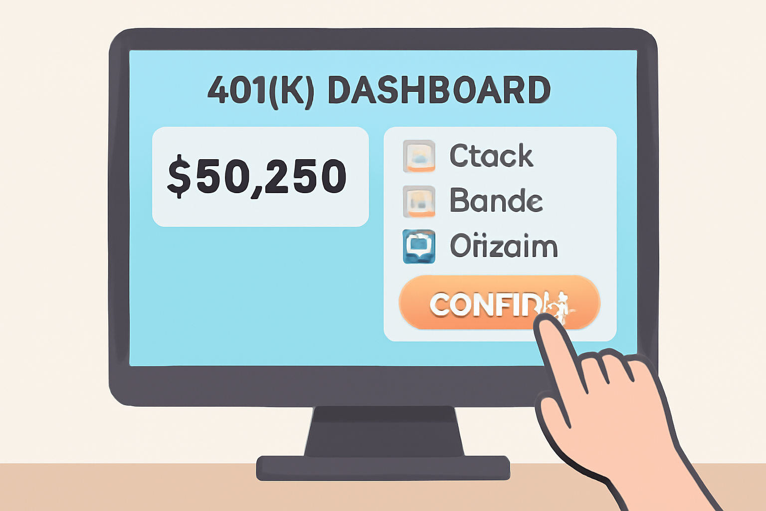 A computer screen with a 401(k) dashboard, user selecting Bitcoin investment option, confirmation button highlighted