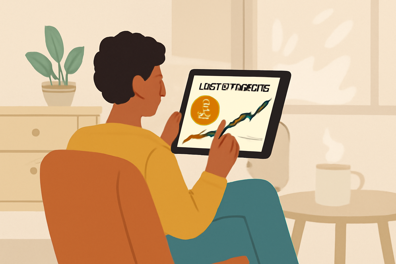 A person checking their investment portfolio on a tablet, Bitcoin price chart visible, relaxed home setting