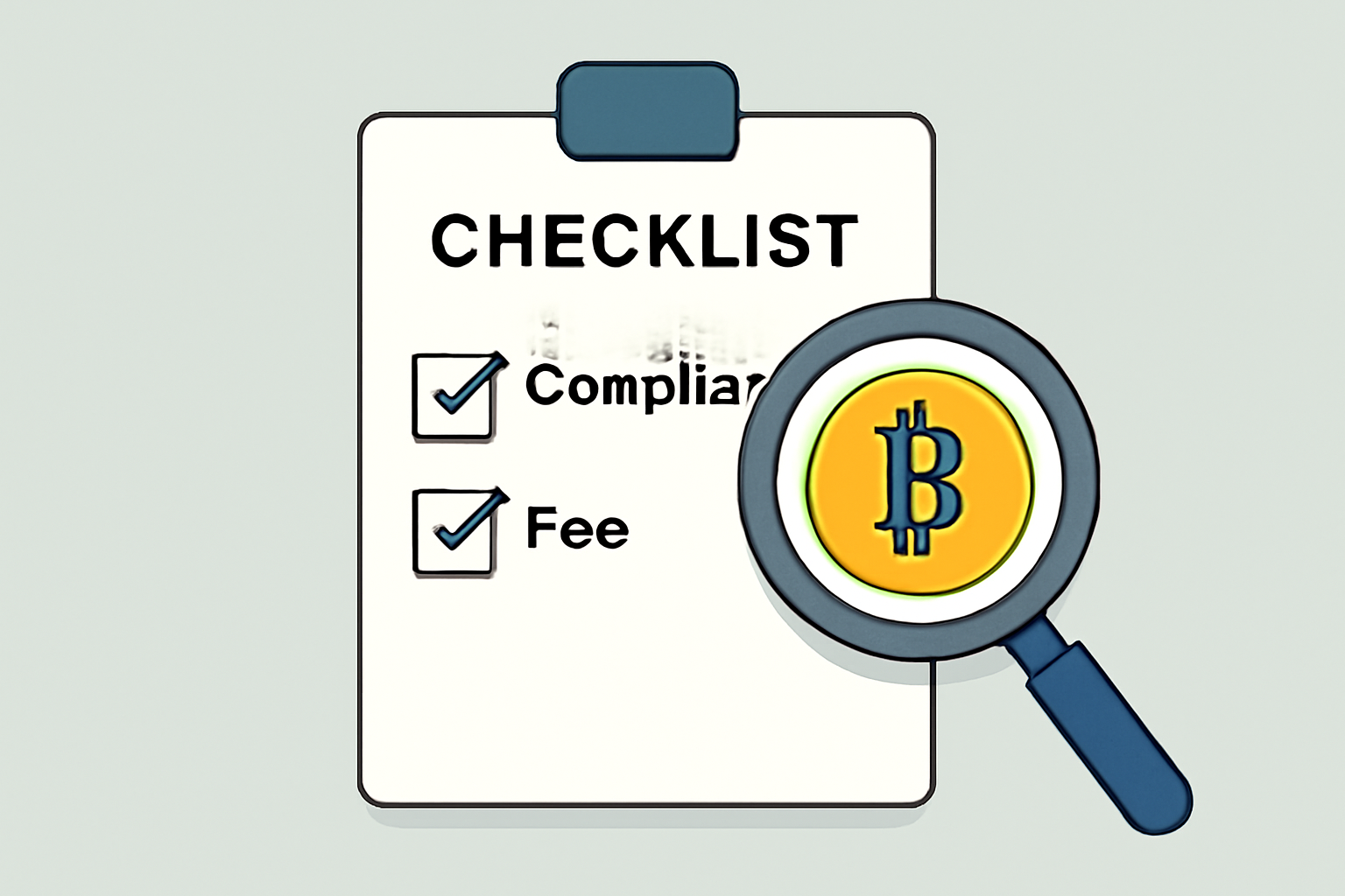 A checklist with compliance and fee items ticked off, a magnifying glass over a Bitcoin symbol, professional tone