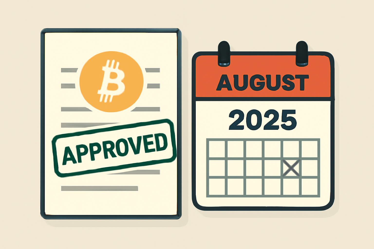 A document stamped 'Approved' with a Bitcoin symbol, next to a calendar marked August 2025, official and reassuring style