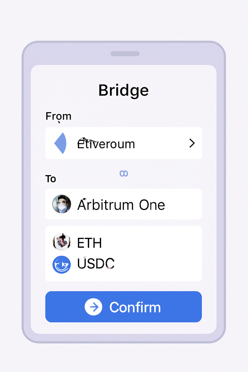 A digital wallet interface showing ETH and stablecoins being bridged from Ethereum to Arbitrum One, with network logos and a secure confirmation screen.