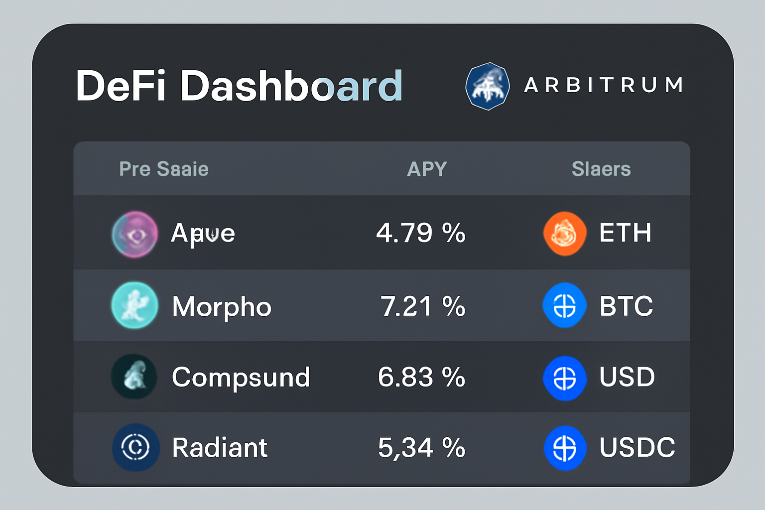 A sleek dashboard displaying various DeFi protocols (Aave, Morpho, etc.) with APY rates and asset icons on the Arbitrum network.