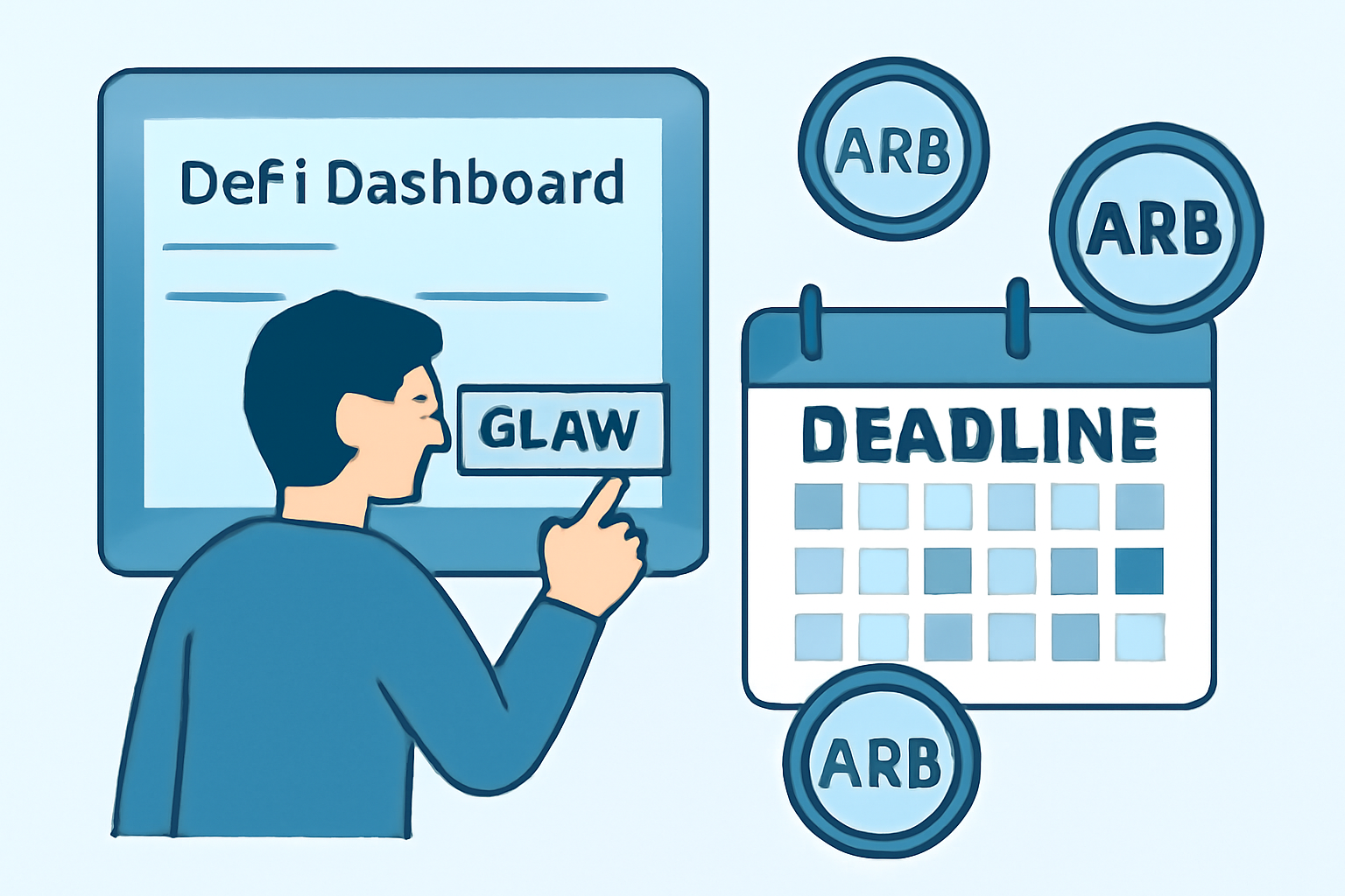 A user claiming ARB tokens from a DeFi dashboard, with a calendar showing the deadline and ARB token icons.