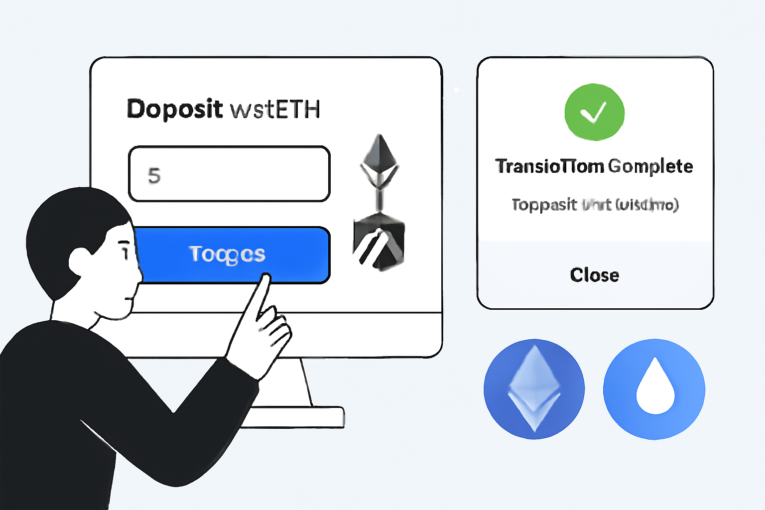 A user depositing wstETH into a DeFi protocol on Arbitrum, with confirmation pop-up and asset icons visible.