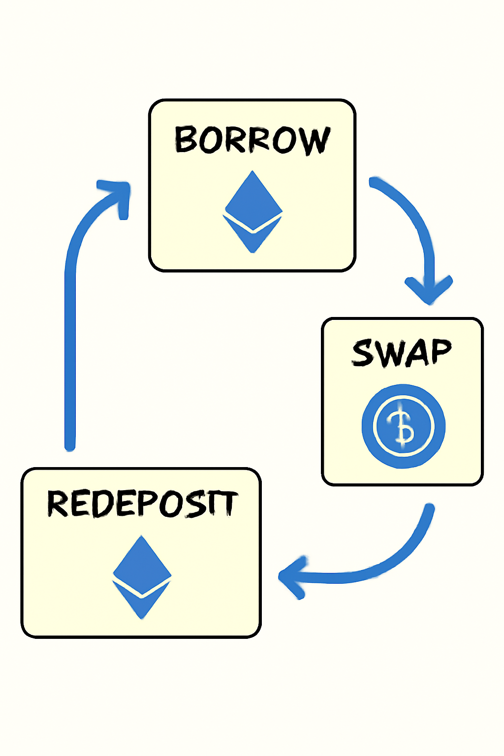 A flowchart showing borrowing, swapping, and redepositing assets in a loop, with arrows and crypto symbols (ETH, USDC).