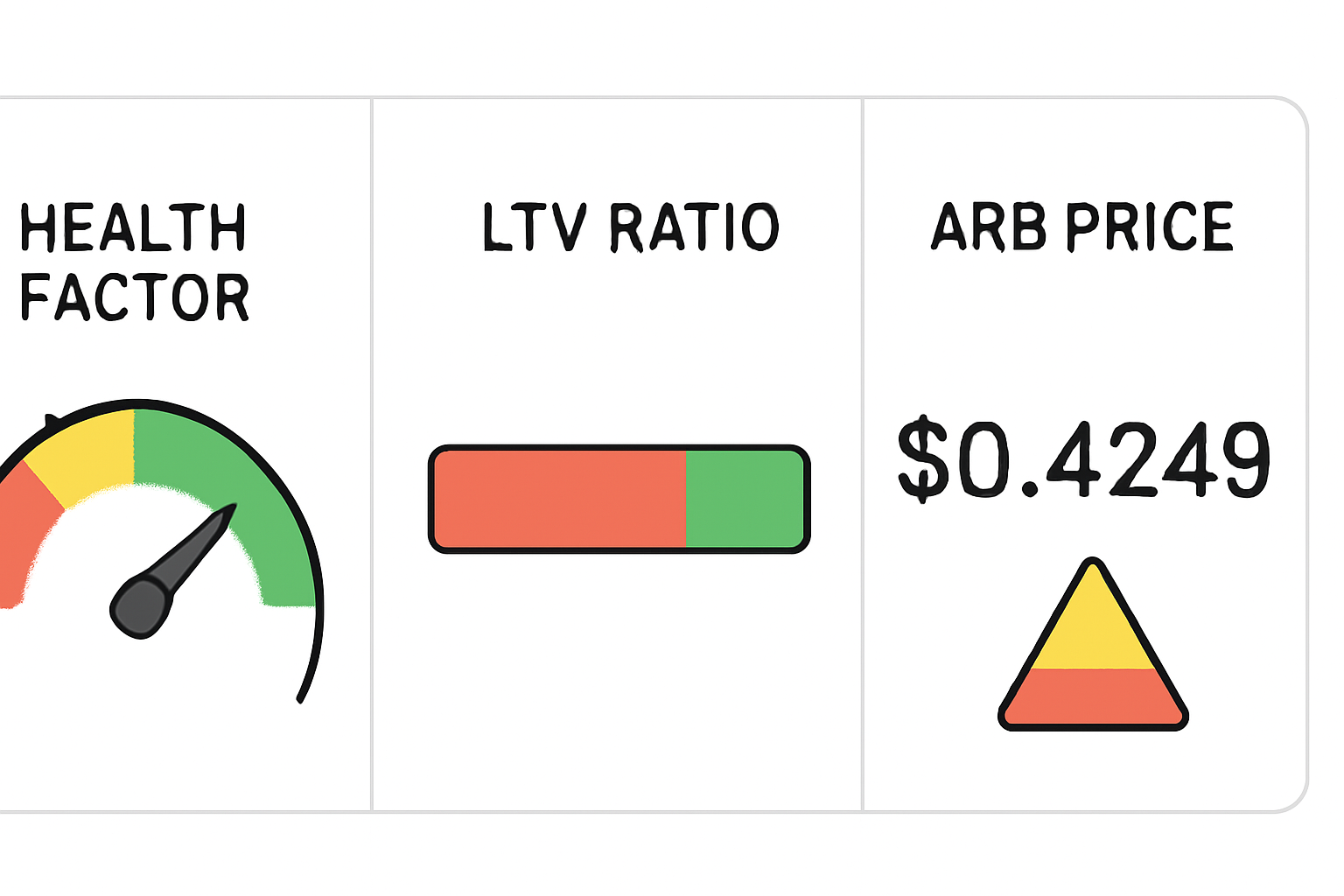 A dashboard showing a health factor gauge, LTV ratio, and ARB price ($0.4249) with warning and safe zones highlighted.