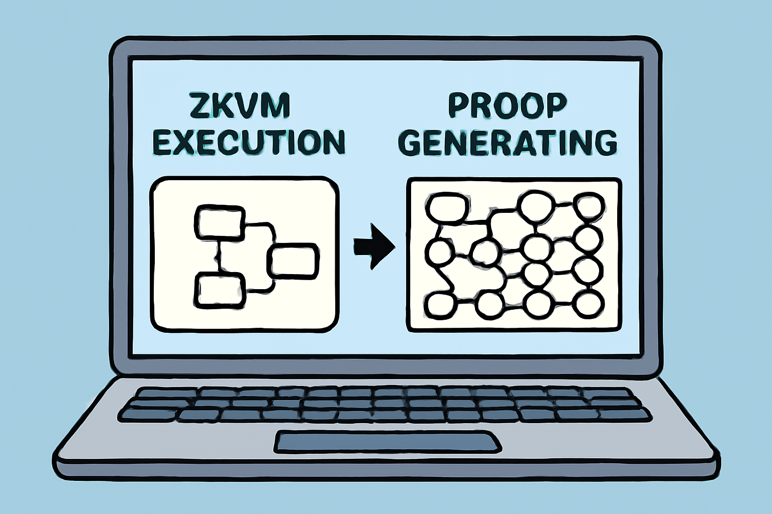 laptop running zkvm execution, proof generating visualization, circuit graphs