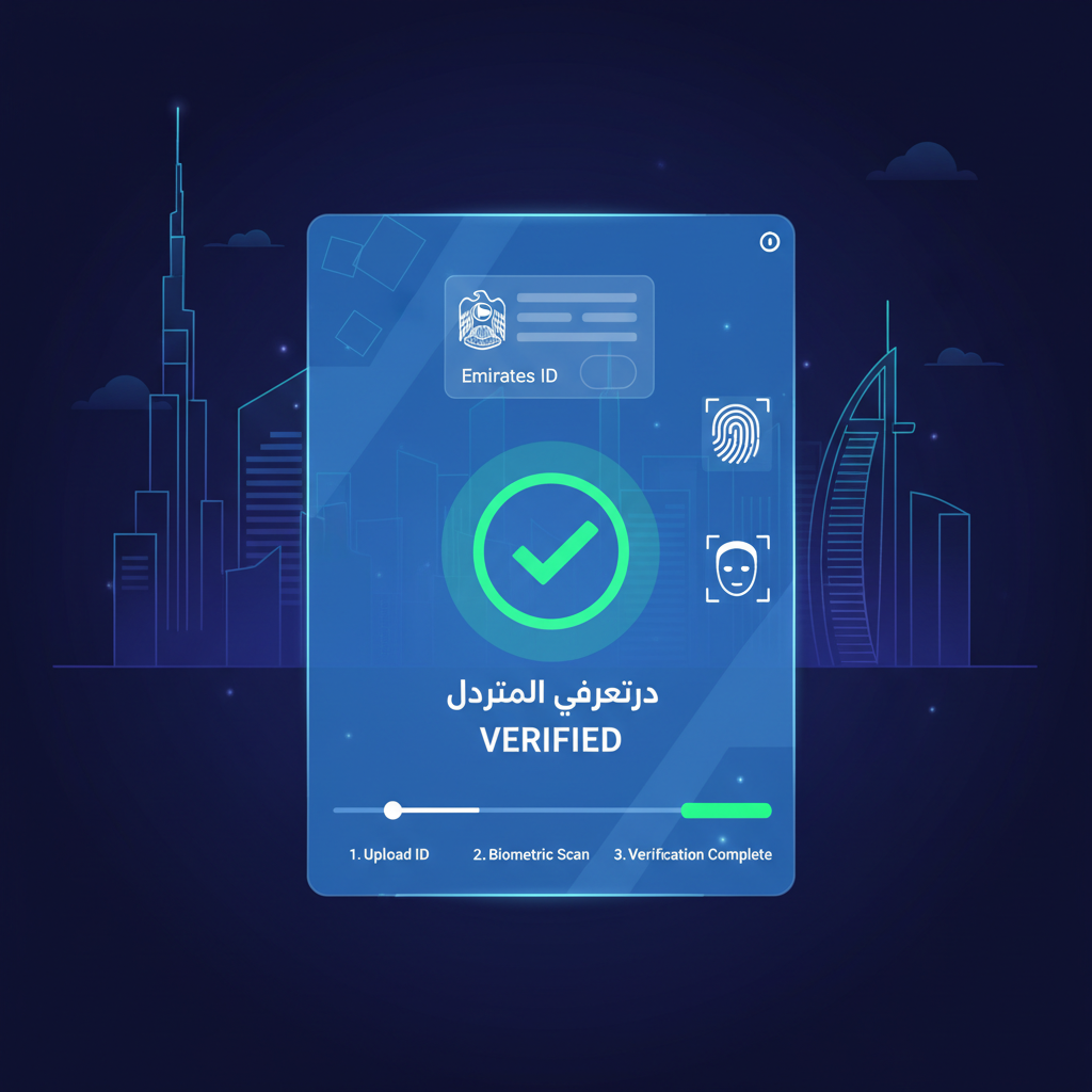 Futuristic UAE Emirates ID verification interface on DLD platform, Dubai skyline background, glowing green checkmark, high-tech UI