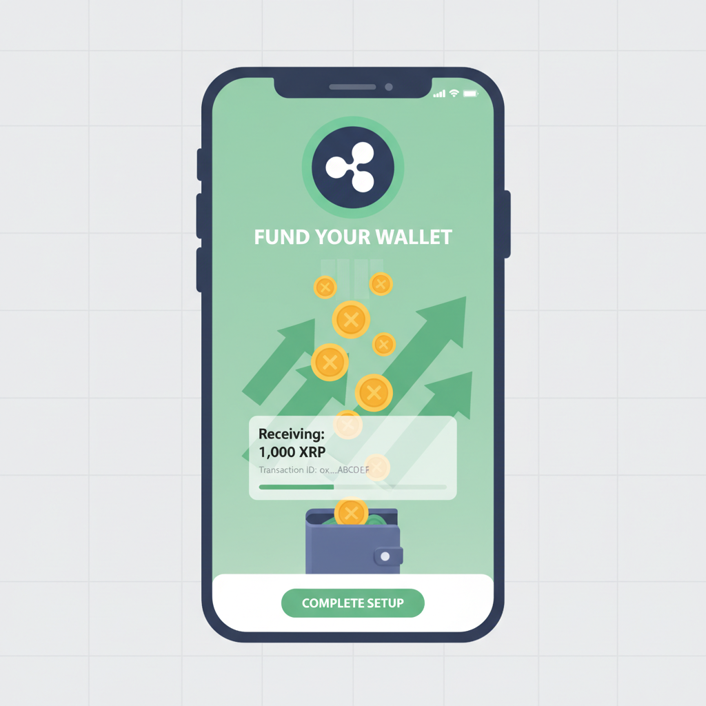 XRP wallet funding screen with coins pouring in, XRP logo prominent, green upward arrows, modern crypto app interface