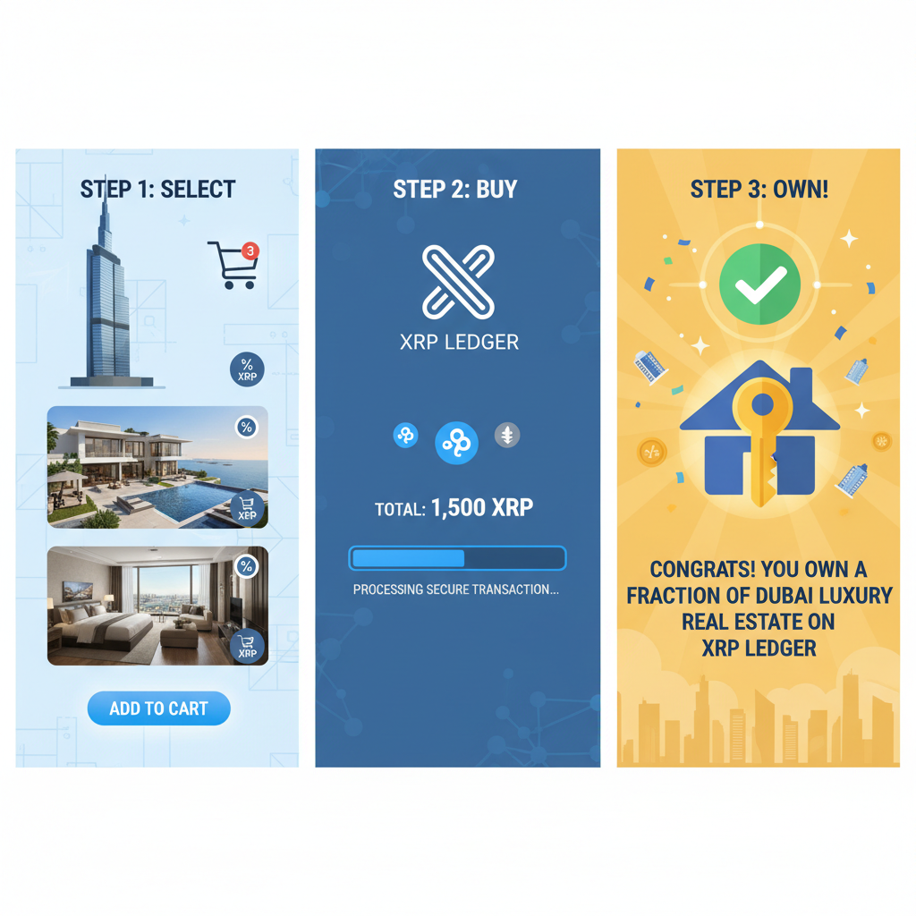 Buying fractional real estate tokens on XRP Ledger, cart icon with property images, success animation, Dubai luxury vibe