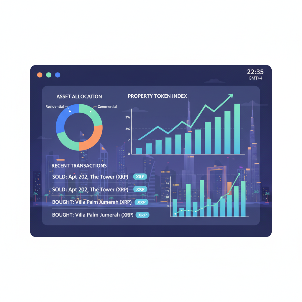 Active secondary market trading dashboard for tokenized properties, charts rising, XRP transactions, Dubai night skyline