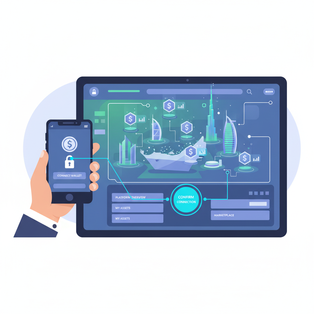 user connecting wallet to blockchain platform dashboard with tokenized Dubai buildings, high-tech UI illustration