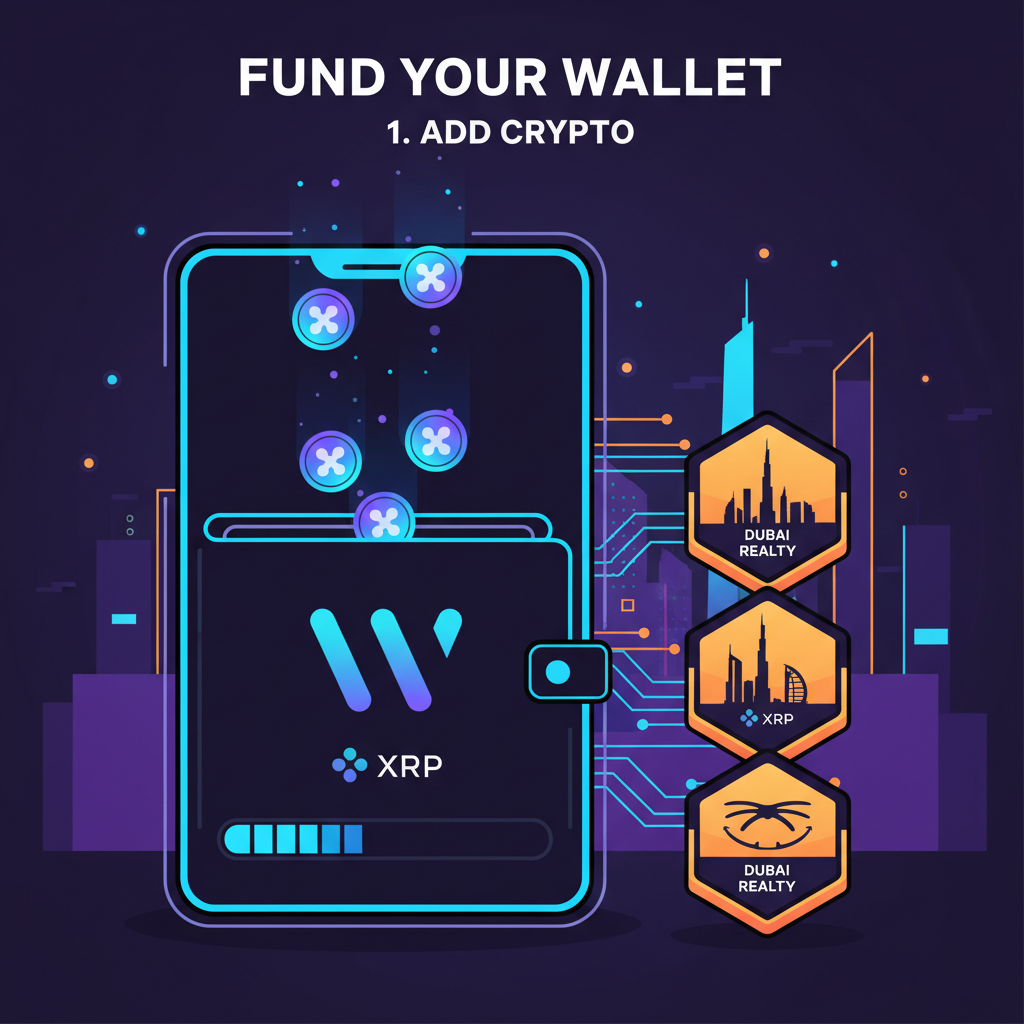 digital wallet being funded with glowing XRP coins raining in, Dubai real estate tokens nearby, dynamic cyberpunk vibe