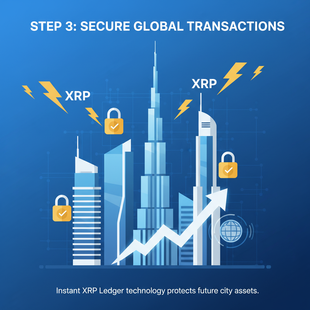 fast lightning bolt XRP transactions securing Dubai skyscrapers, secure lock icons, optimistic futuristic scene