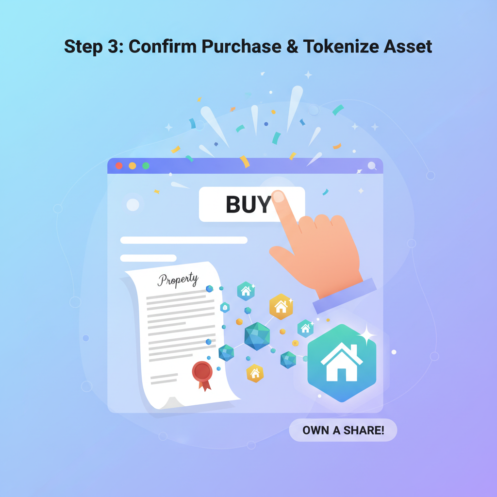hand clicking buy on fractional real estate token interface, property deed transforming to digital token, celebratory style