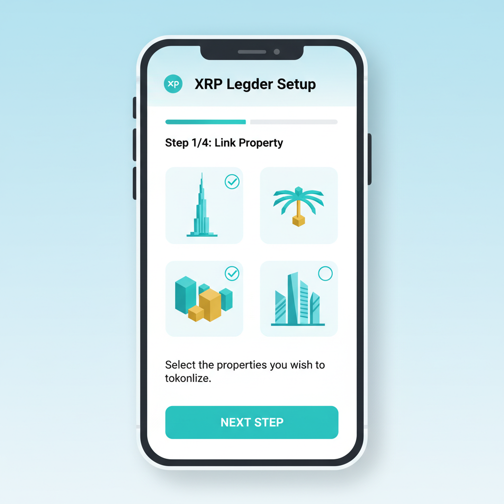 sleek mobile wallet app interface showing XRP Ledger setup with Dubai property icons, modern digital art