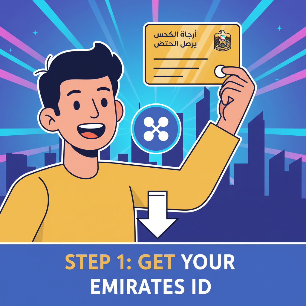 excited person holding UAE Emirates ID card with Dubai skyline and XRP logo in background, vibrant futuristic style