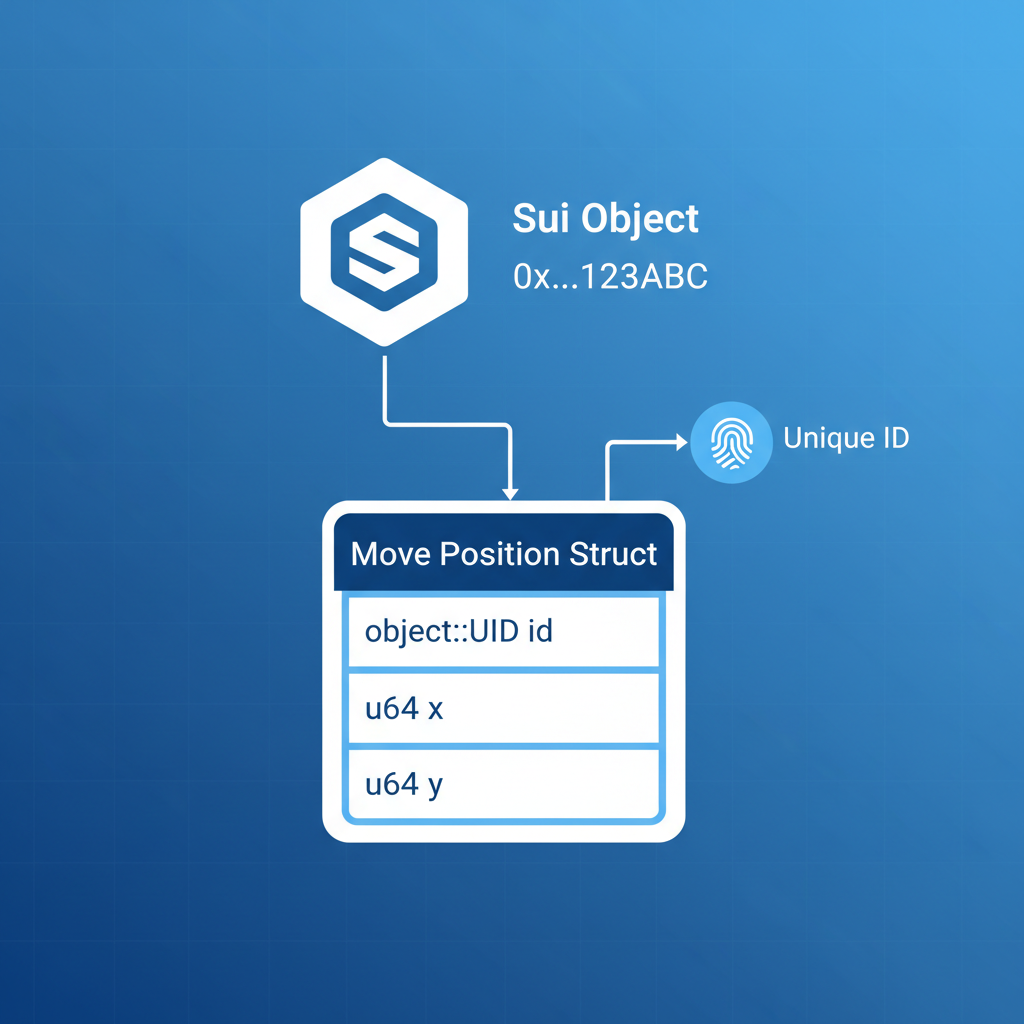 Clean code snippet of Move Position struct in Sui, object-centric diagram with unique ID, tech blue tones