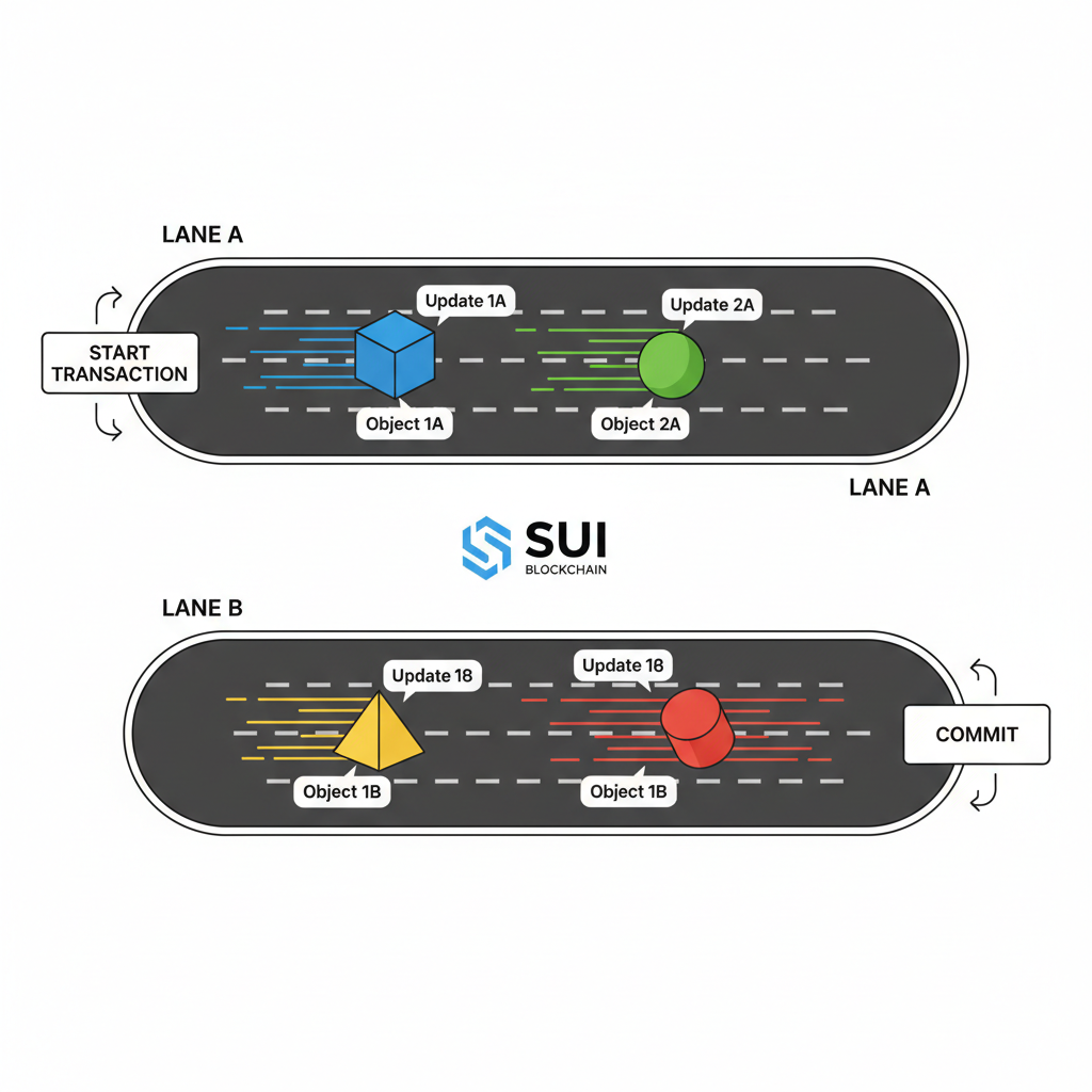 Parallel transaction execution diagram in Sui, two lanes racing objects updating independently, speed lines