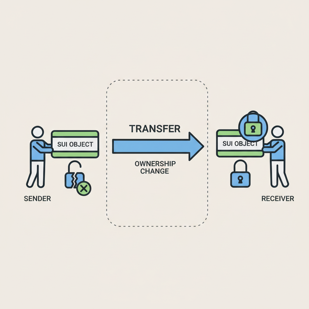 Diagram of Sui object transfer arrow from sender to receiver, ownership change, secure lock icons