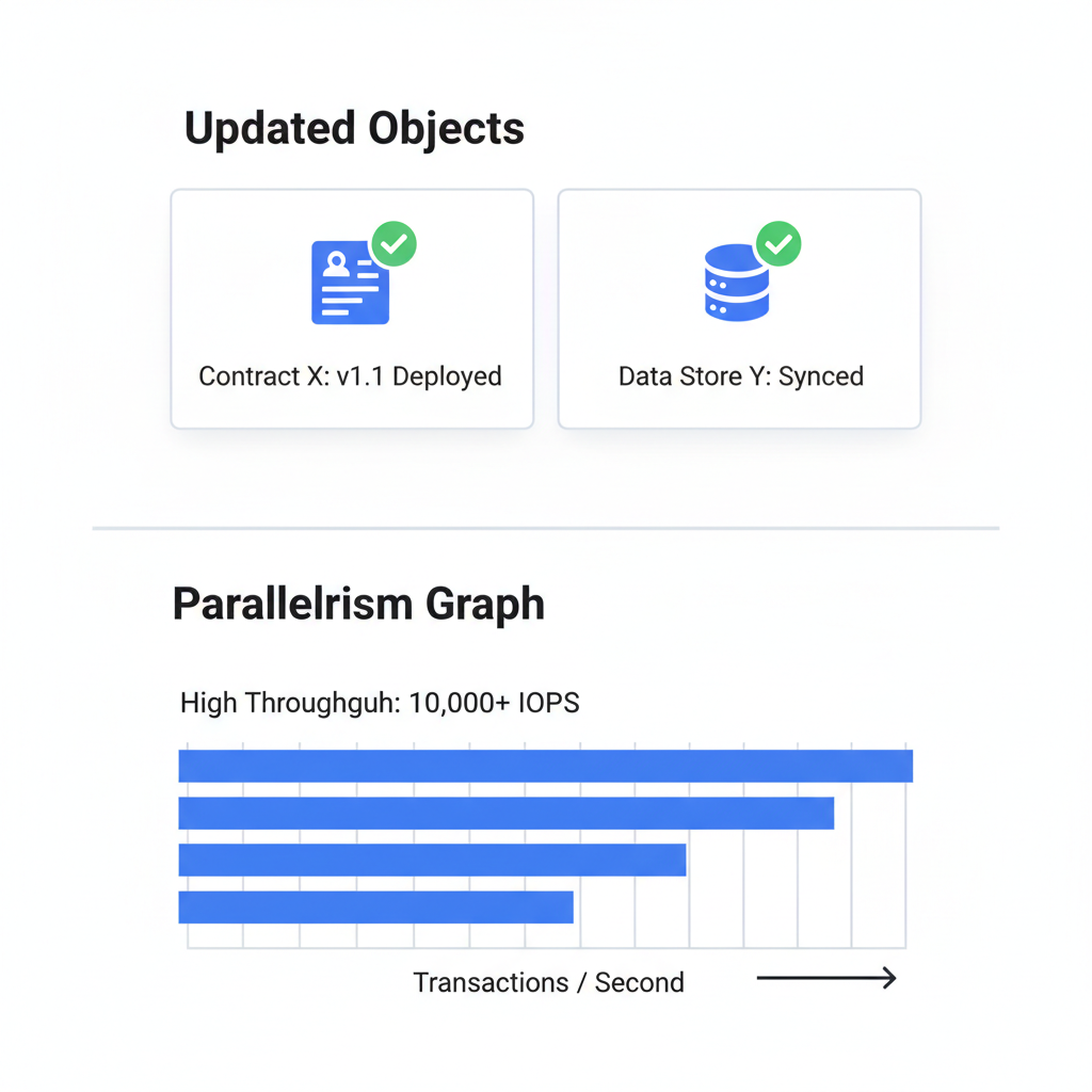 Sui explorer screenshot two updated objects, green checkmarks, parallelism graph with high throughput