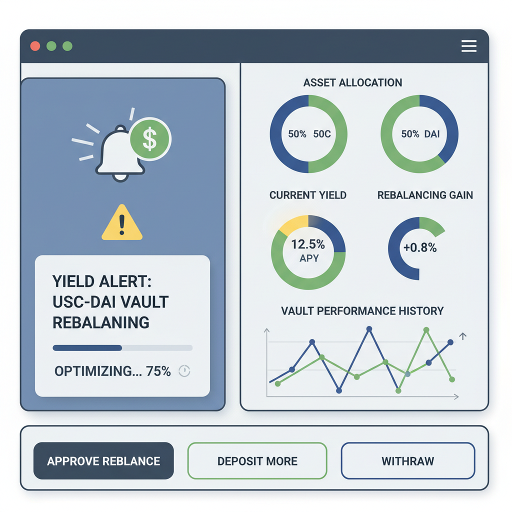 DeFi dashboard with yield alerts rebalancing stablecoin vault charts