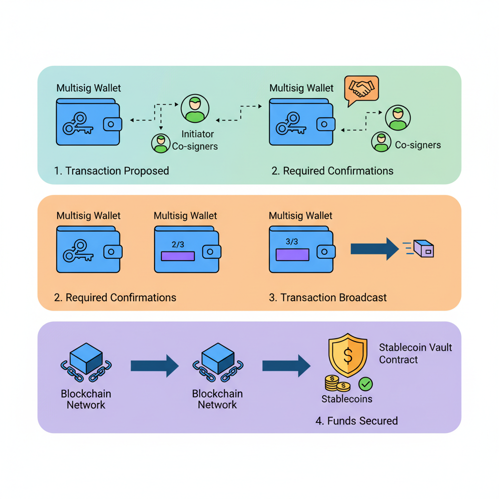 Multisig wallet transaction flow to stablecoin vault contract blockchain