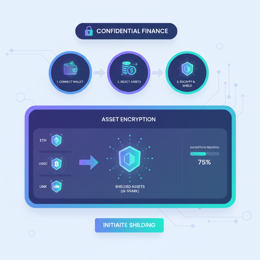 modern DeFi dApp dashboard for encrypting assets on blockchain, glowing shielded tokens, confidential finance theme