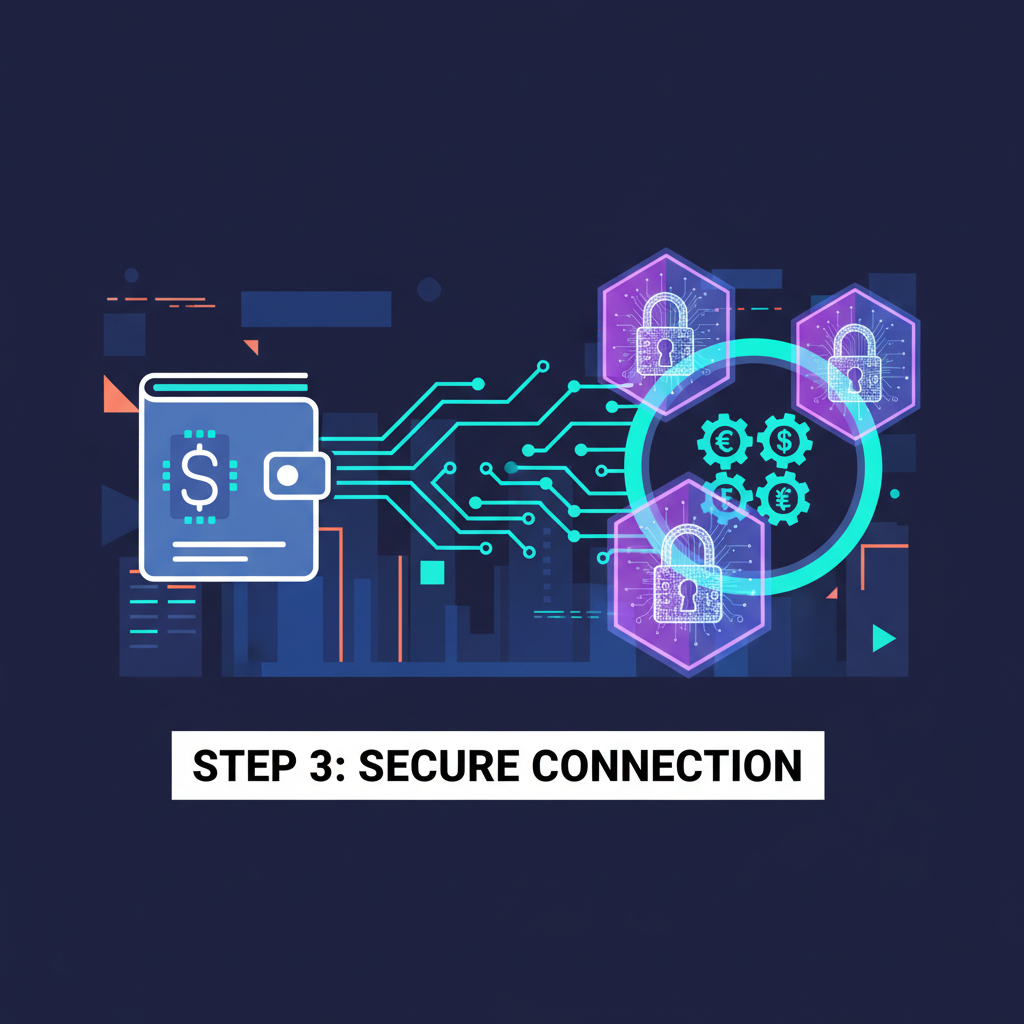 wallet connecting to DeFi app with encryption shields activating, ethereal digital locks, cyberpunk style