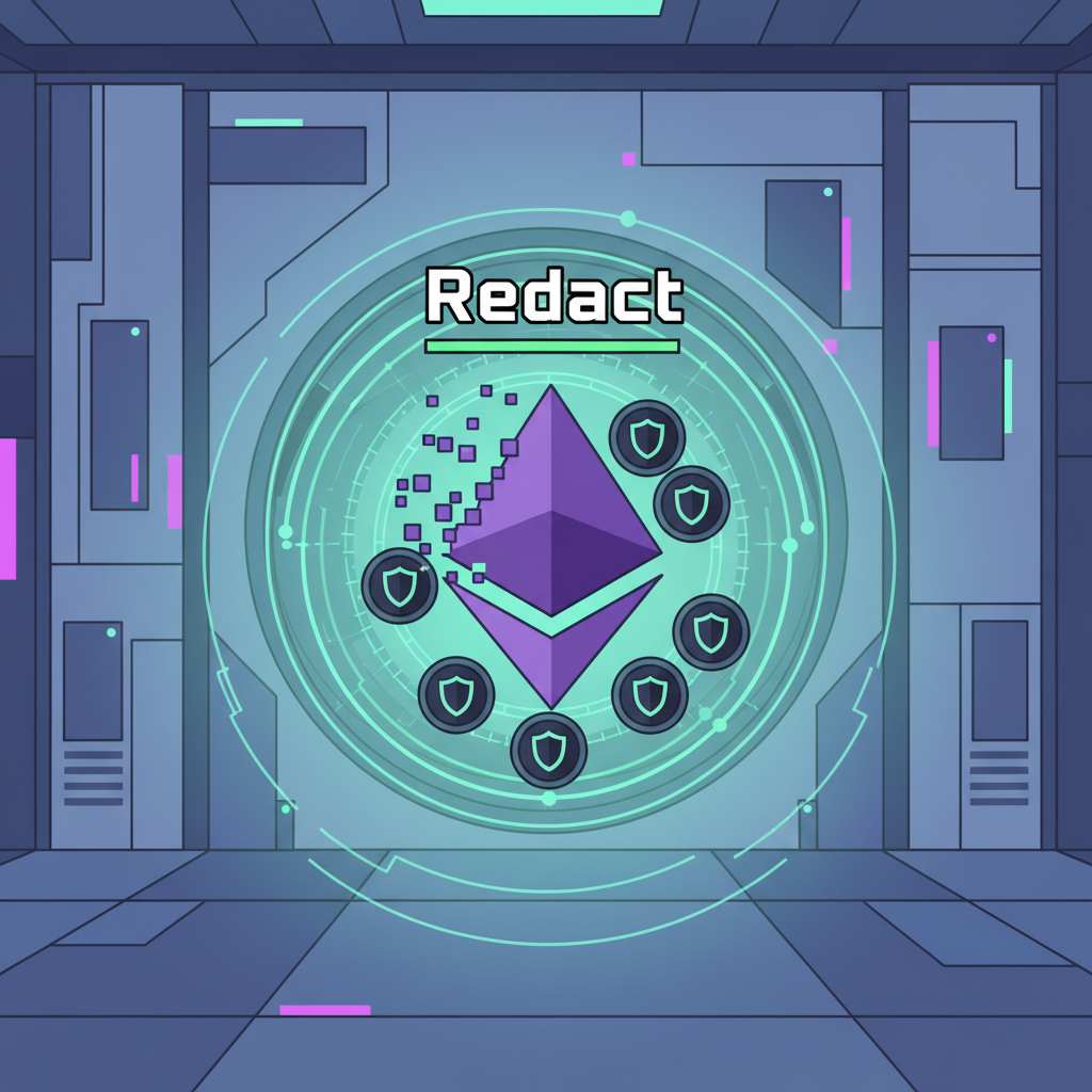 ETH morphing into shielded tokens in Redact, glowing privacy aura, sci-fi vault