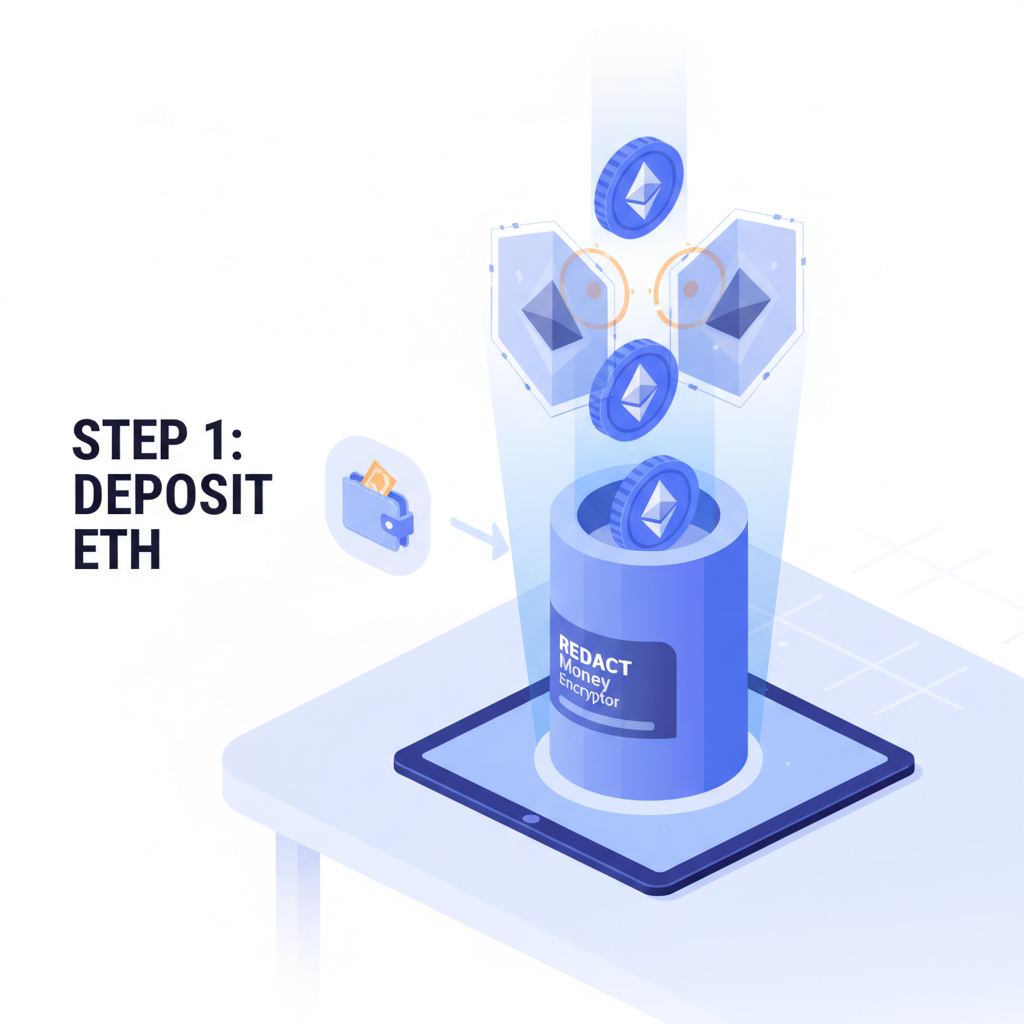 ETH depositing into Redact Money encryptor, shields forming around coins, holographic