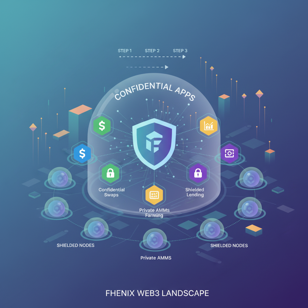 ecosystem of confidential DeFi apps on Fhenix, interconnected shielded nodes, visionary Web3 landscape