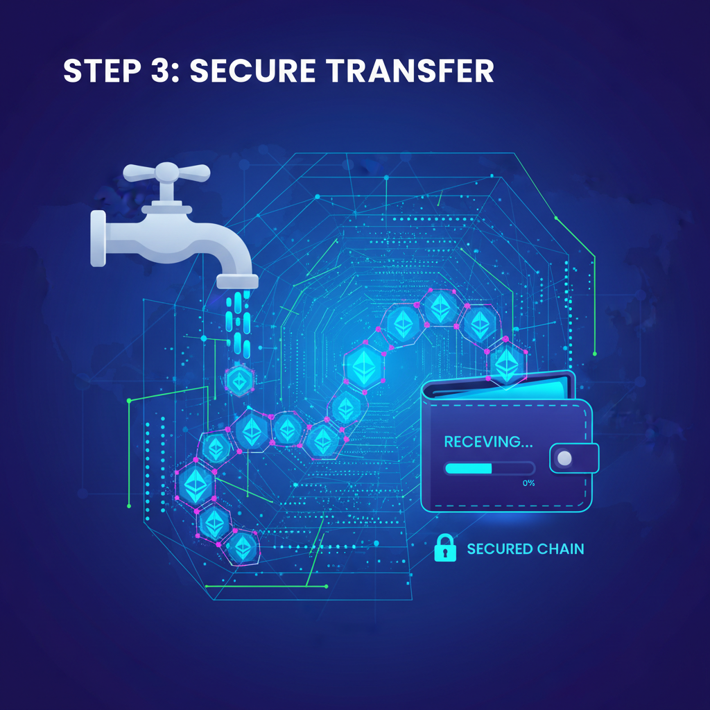 faucet pouring digital ETH into wallet on encrypted chain, vibrant crypto flow
