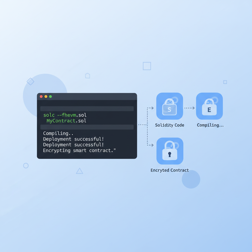 developer terminal with FHEVM Solidity code compiling, encrypted smart contract icons