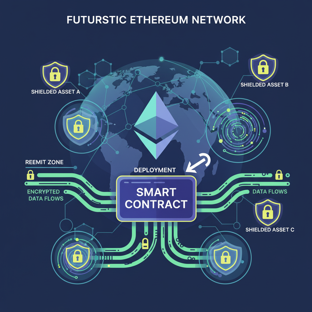 smart contract deployment with encrypted data flows, shielded assets interacting privately, futuristic Ethereum network