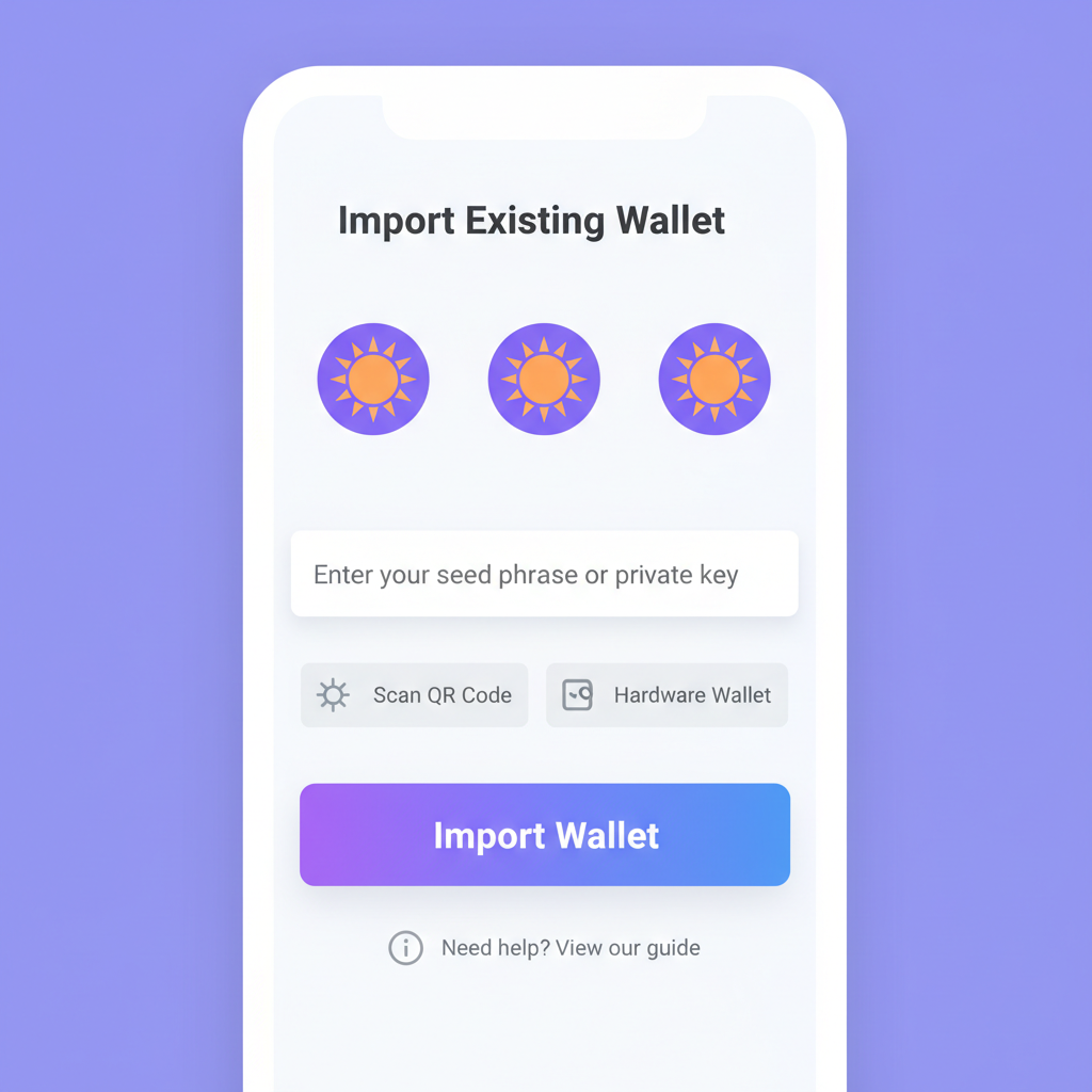 Mobile screen showing Jupiter wallet drawer import, Solana icons, clean tech interface