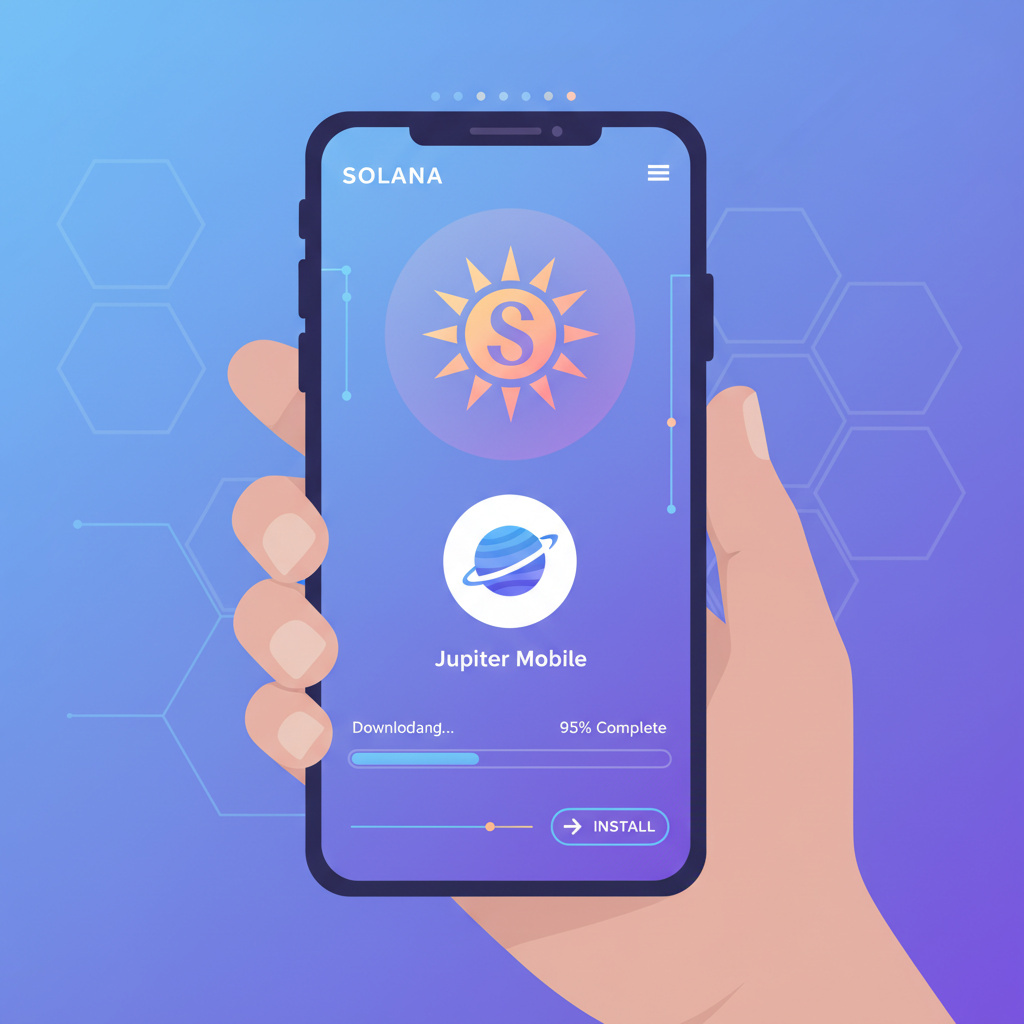 Solana Seeker smartphone downloading Jupiter Mobile app, glowing Solana logo, futuristic UI