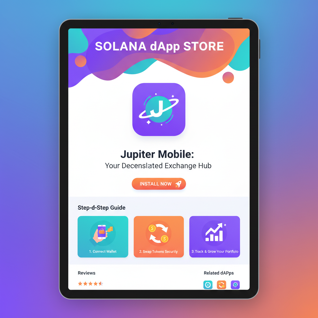 Solana dApp Store page for Jupiter Mobile app, vibrant Solana branding