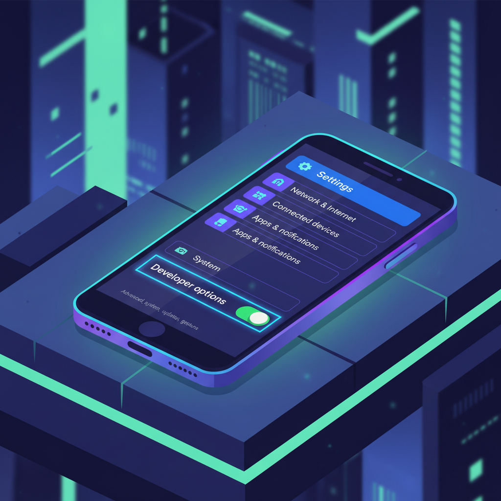 Solana Seeker phone displaying Android settings menu with Developer Options enabled, cyberpunk glow