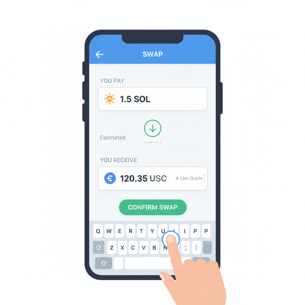 Mobile screen typing SOL amount in swap field, live quote updating with USDC output