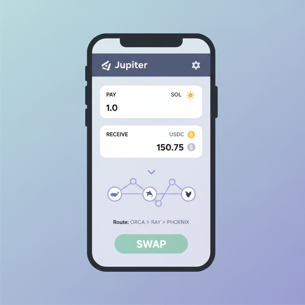 Jupiter Mobile swap interface, SOL to USDC, route visualization on phone screen