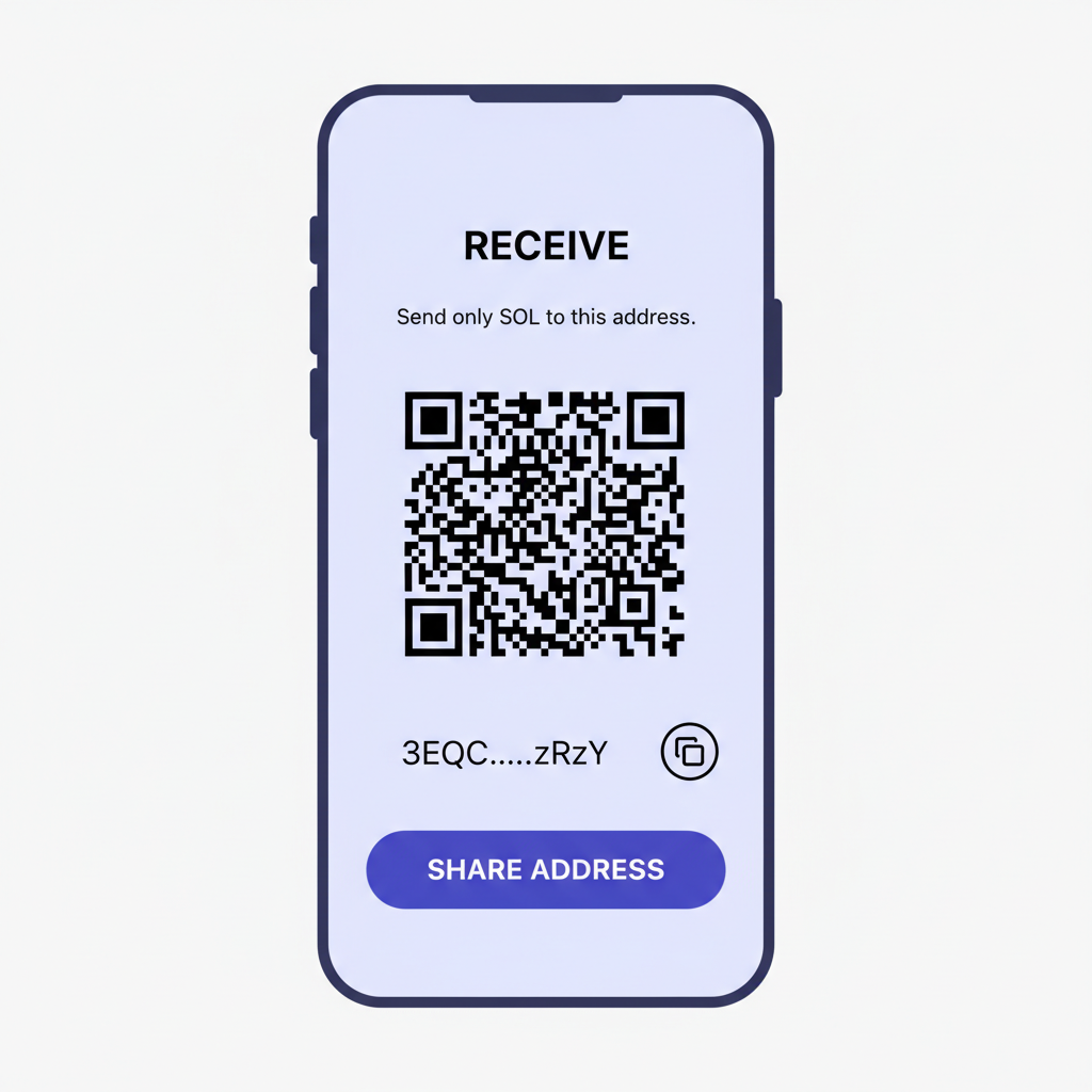 Phantom wallet mobile screen showing SOL receive address and QR code