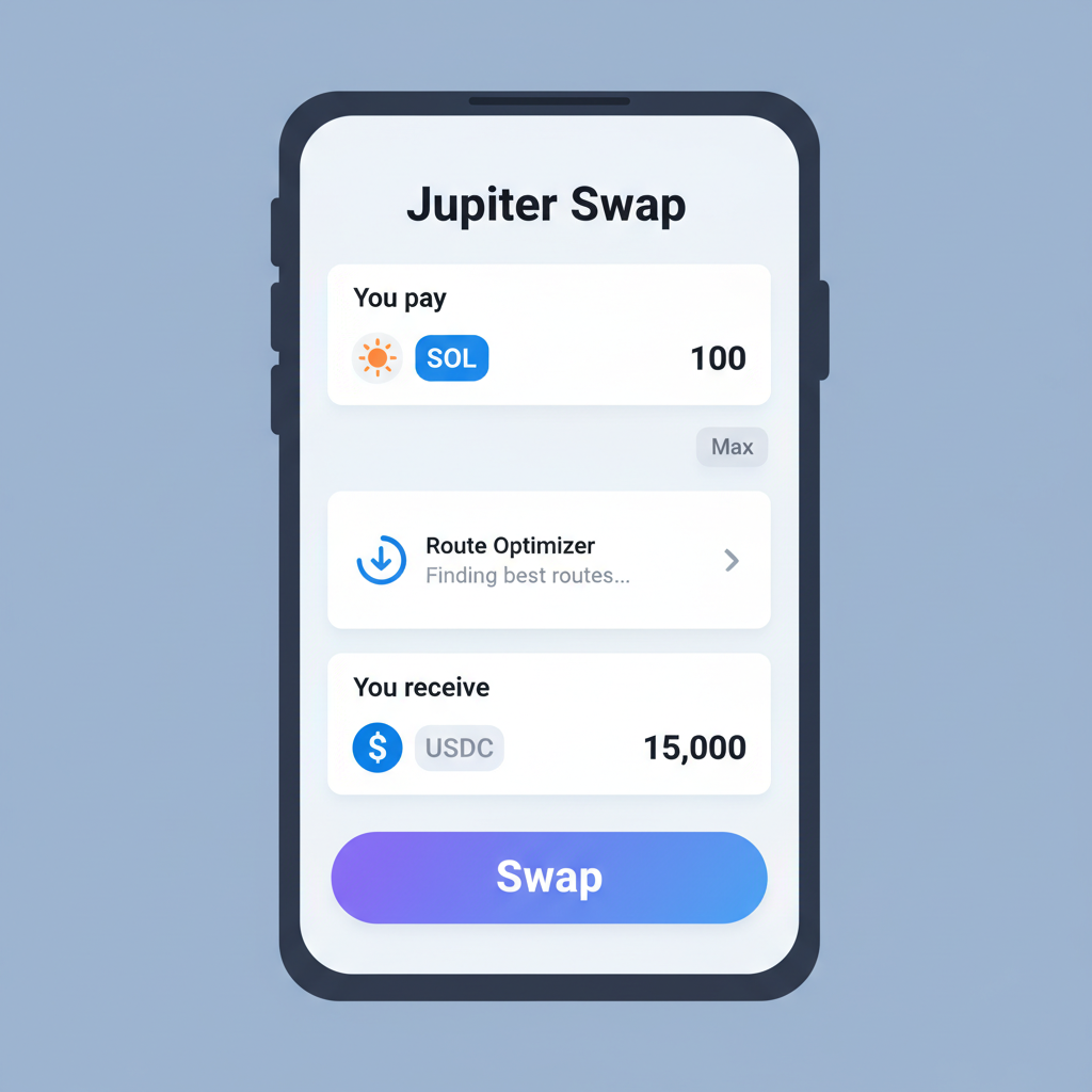 Jupiter Mobile swap interface, SOL input USDC output selected, route optimizer loading
