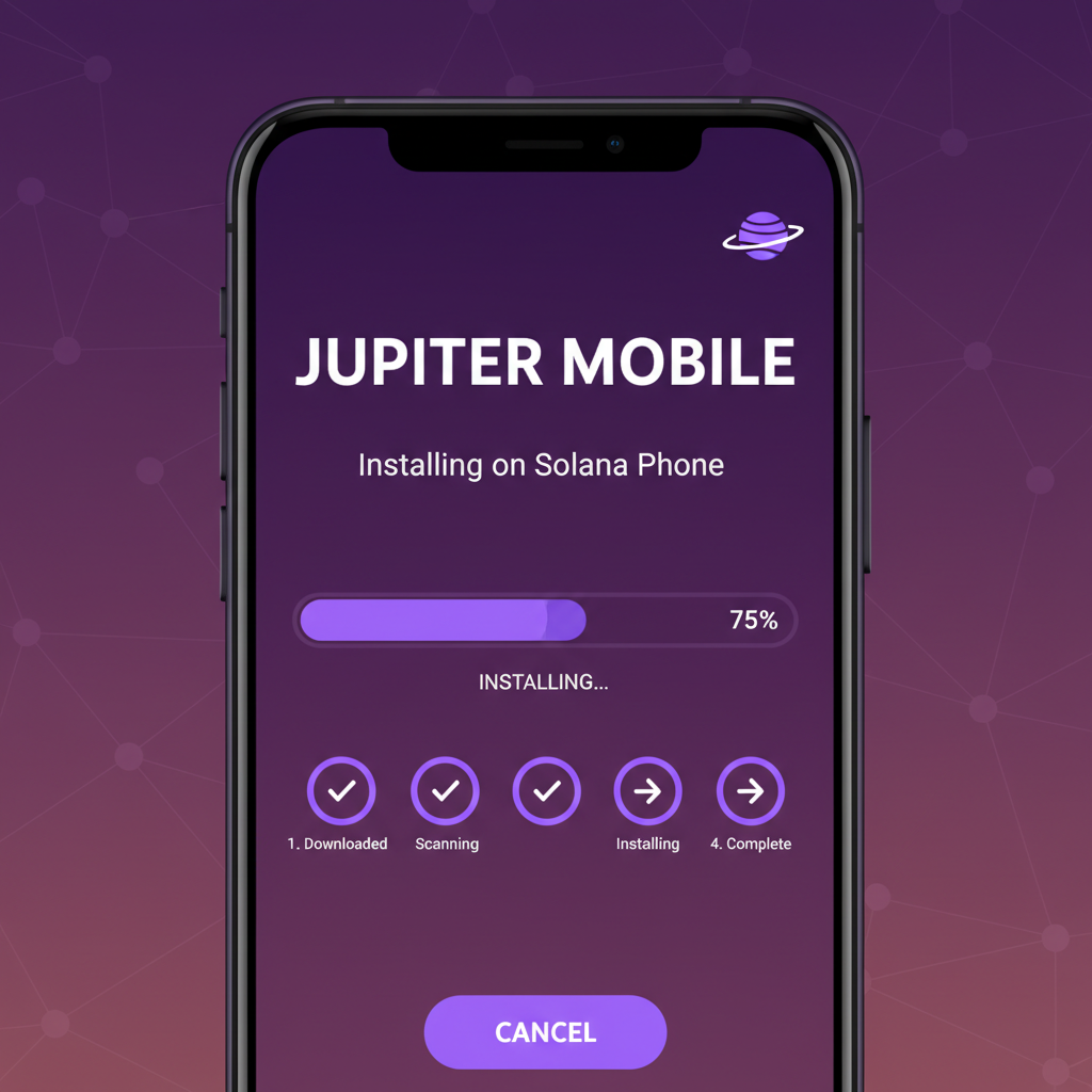 Android install screen for Jupiter Mobile APK on Solana phone, progress bar, vibrant purple UI